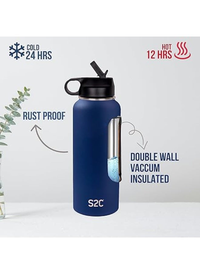 S2C 1200ml insulated water bottle, double wall, made of 18/8 stainless steel, with straw, suitable for sports, thermos, hot water bottle, gym bottle (blue) - Image 4
